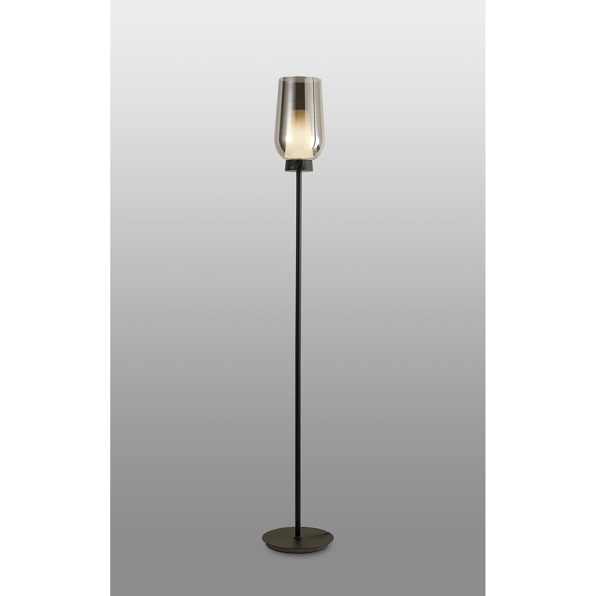 The Nora 1 Light Chrome Glass Floor Lamp features a slim black stand, a black marble base, and a translucent glass shade that softly diffuses light, all set against a plain gray background.