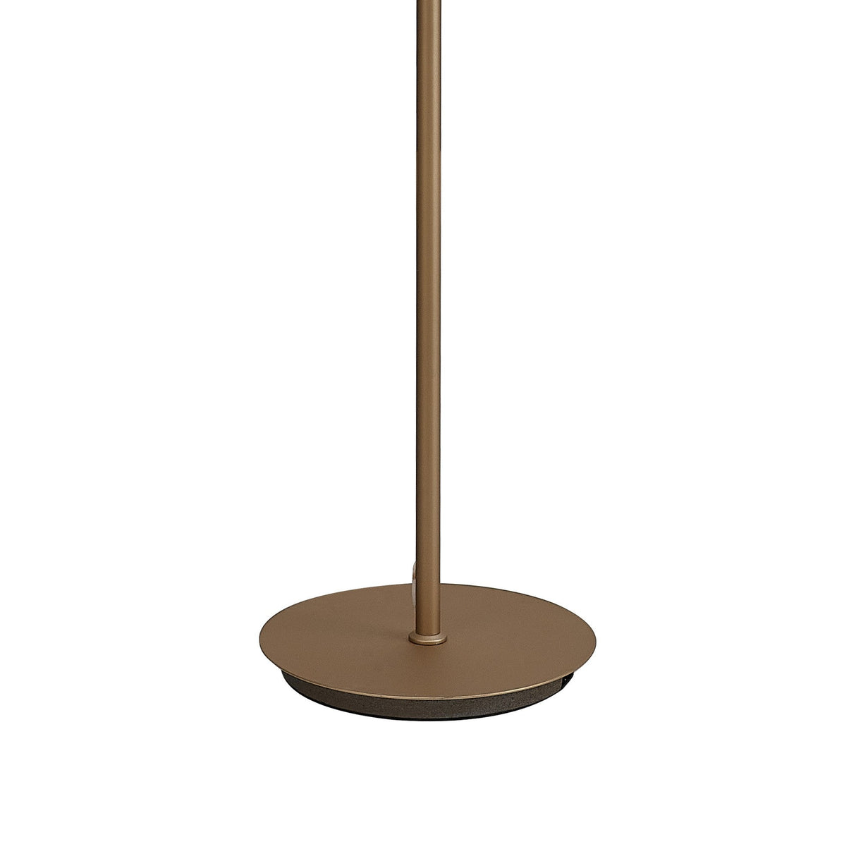 A close-up of the Nora 1 Light Clear Glass Floor Lamp shows its round, flat matte gold metal base and upright pole, ideal for modern interiors. The background is plain white.