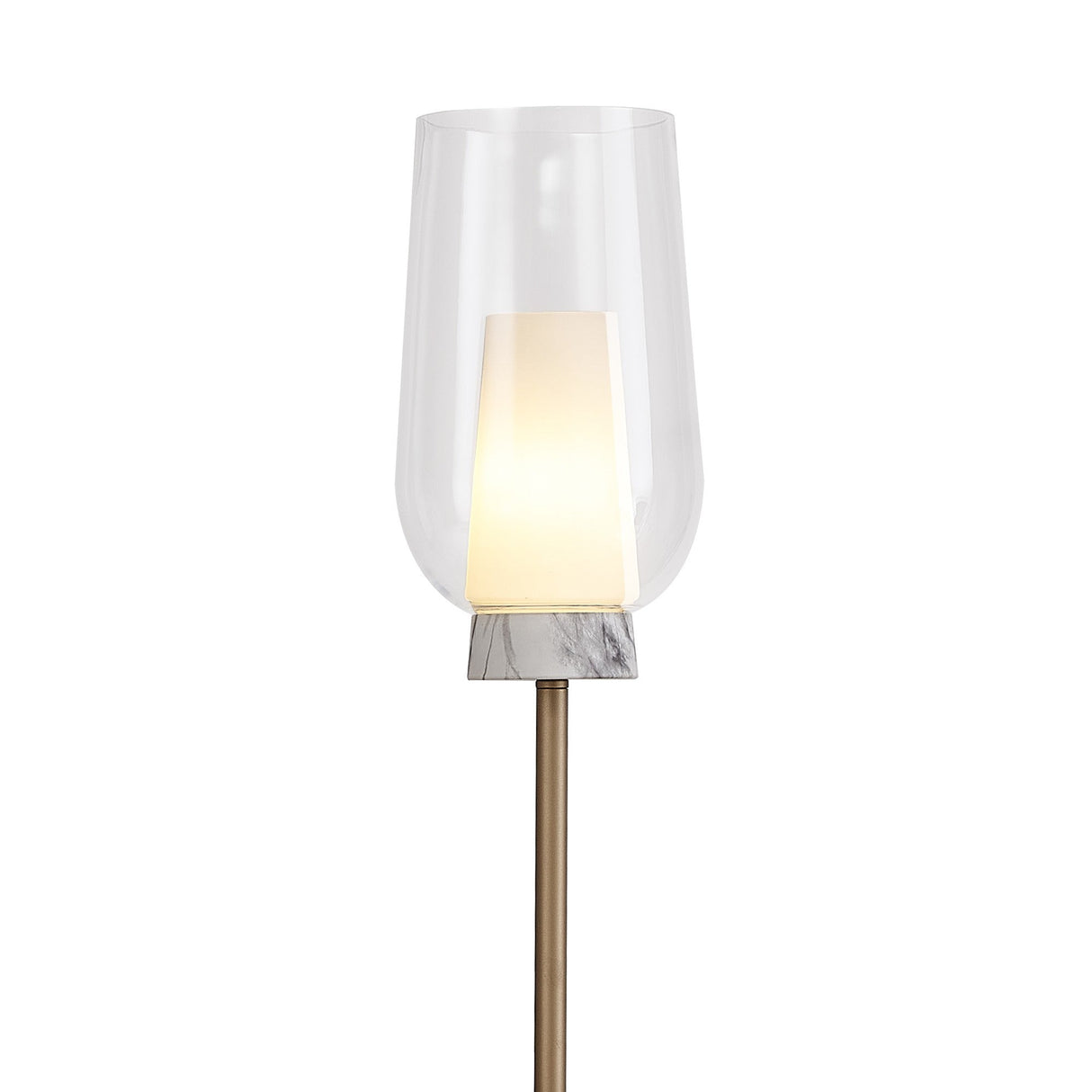 The Nora 1 Light Clear Glass Floor Lamp in Gold & White features a brass stand, marble accent near the light, frosted inner shade, and clear glass outer shade—perfect for modern interiors.