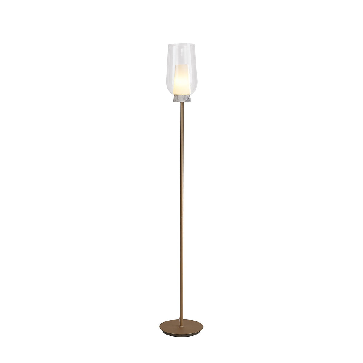 The Nora 1 Light Clear Glass Floor Lamp in gold and white features a slim stand, round base, and cylindrical white inner shade. Its minimalist design delivers stylish, modern lighting for any contemporary space.