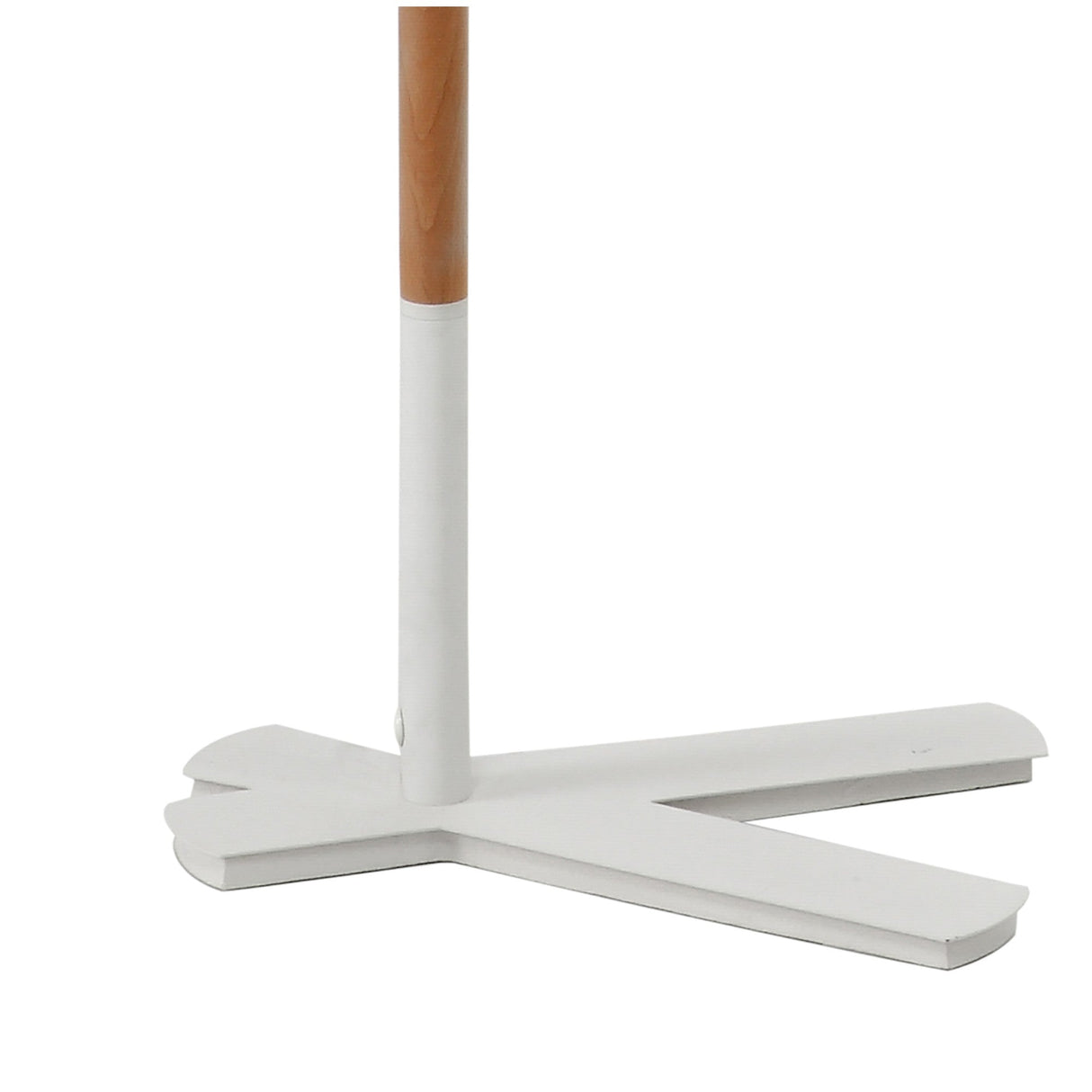 The image displays the lower part of the Nordica 1 Light Floor Lamp in matt white with an ivory white shade, featuring a wooden pole and a three-pronged base, all set against a plain white background.