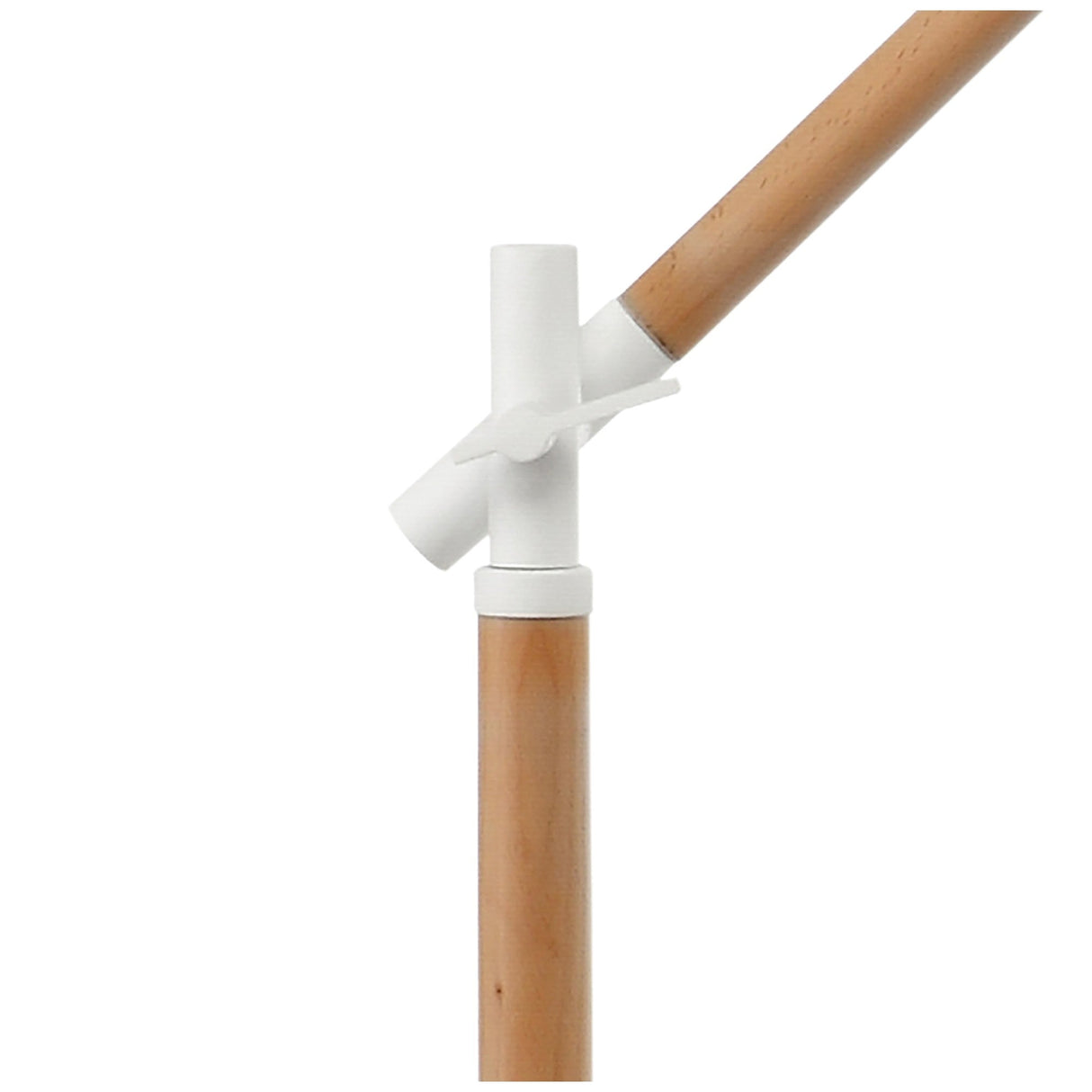 Close-up of Nordica 1 Light Floor Lamp—matt white rods joined by a plastic joint with handle, adjustable angle, set against a white background. Features an ivory white shade and Scandinavian-inspired design.