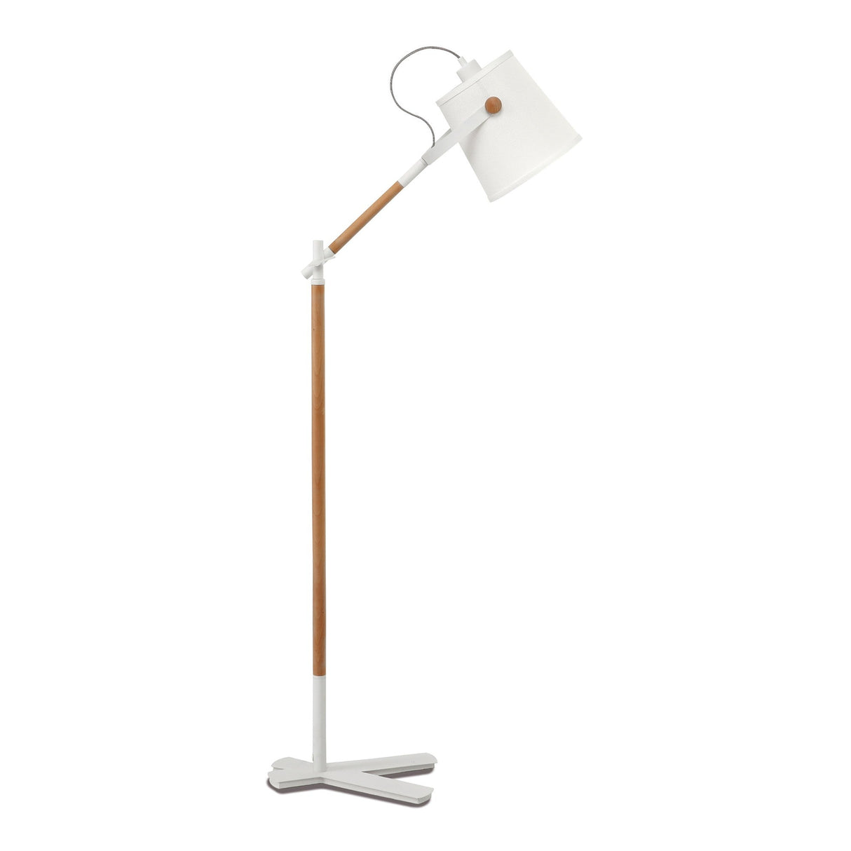 The Nordica 1 Light Floor Lamp in matt white features an ivory white metal shade, wooden accents, a white X-shaped base, and an adjustable arm to direct light downward for optimal illumination.