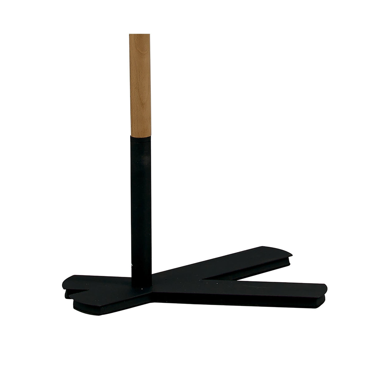 A close-up of the Nordica 1 Light Floor Lamp’s matt black metal stand with three angled legs and a wooden pole, offering a stable, modern base and topped with a black shade—shown against a white background.