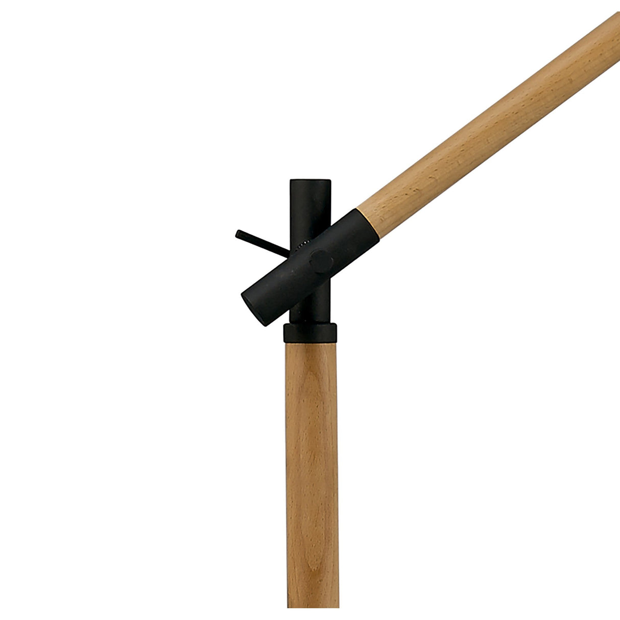 A close-up of the Nordica 1 Light Floor Lamp - Matt Black With Black Shade, highlighting its minimalist design and the black metal joint connecting the vertical and angled wooden rods.