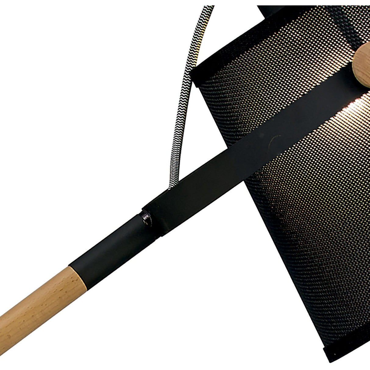 Close-up of a mesh skimmer with wooden handle and metal frame, shown against white—an ideal match for the Nordica 1 Light Floor Lamp in matt black with black shade, adding contemporary style to your kitchen decor.