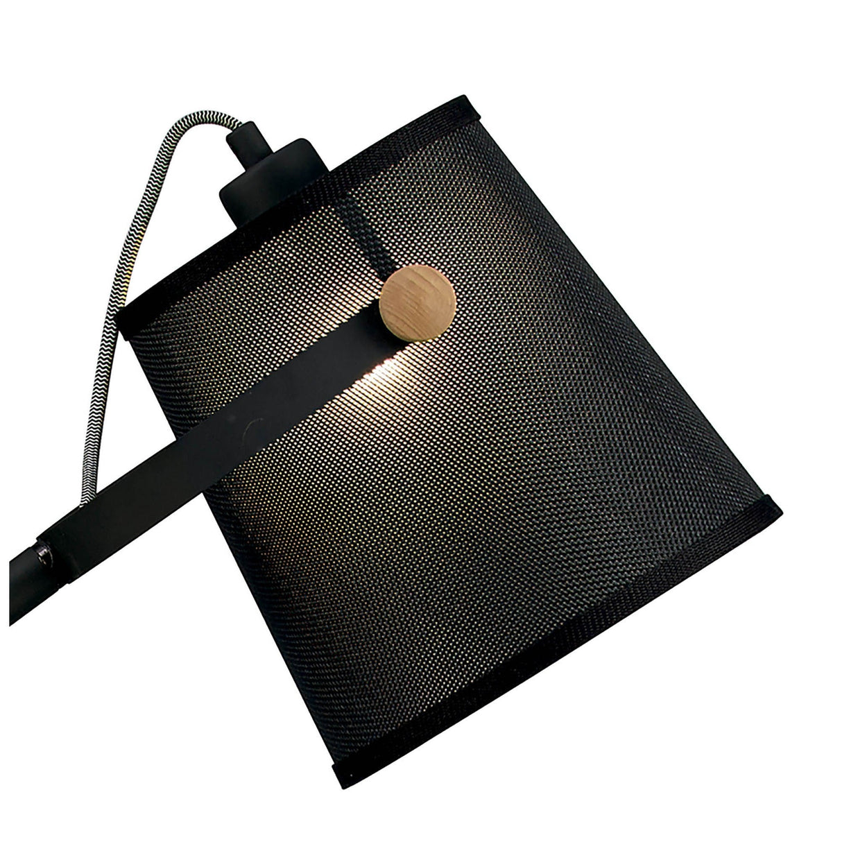 A close-up of the Nordica 1 Light Floor Lamp in matt black, featuring a modern black mesh shade, visible bulb, adjustable arm with a wooden accent, and braided cord.