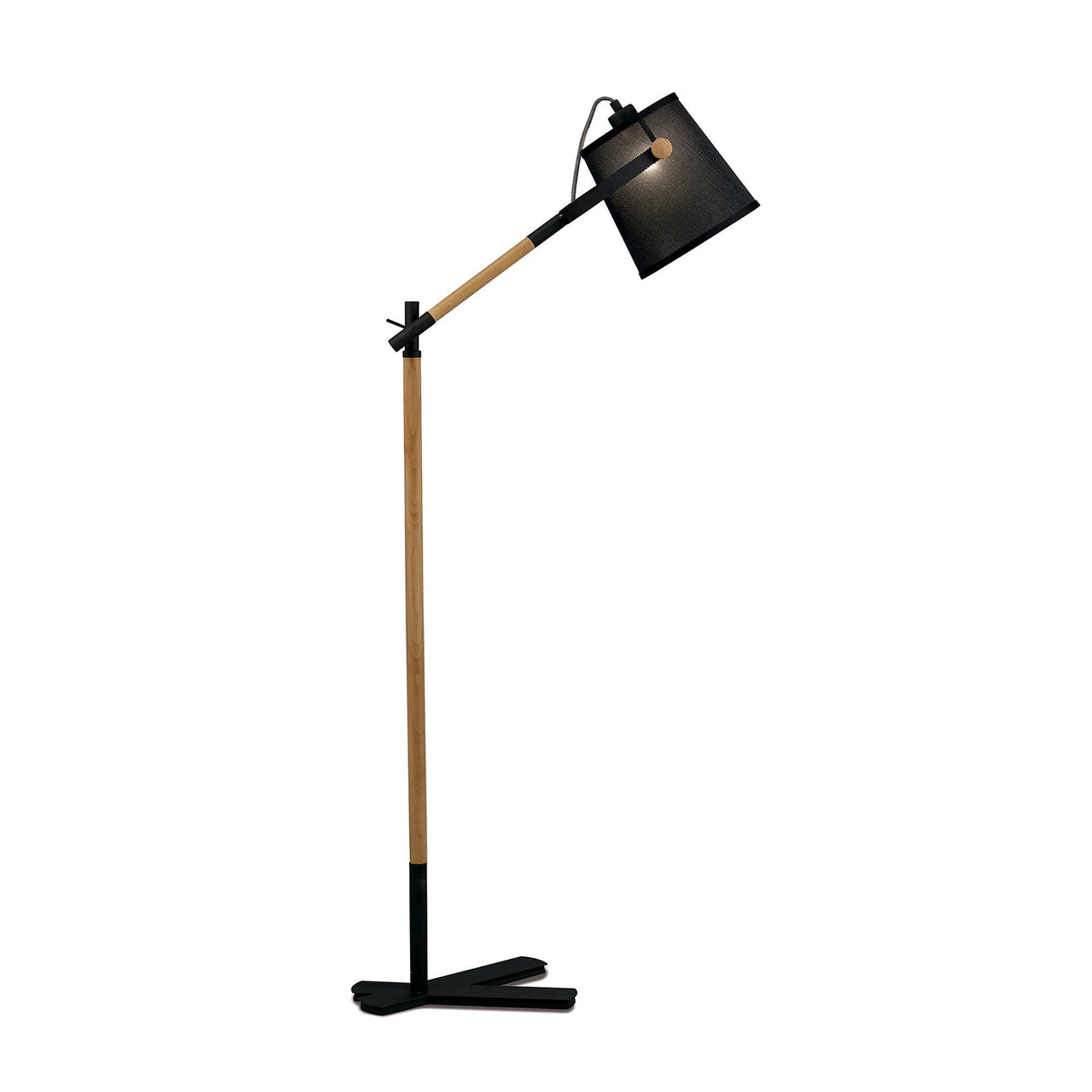 The Nordica 1 Light Floor Lamp features a matt black finish, an adjustable wooden arm, a sturdy black metal base, and a downward-angled black shade—ideal as an adjustable floor lamp for contemporary interiors.