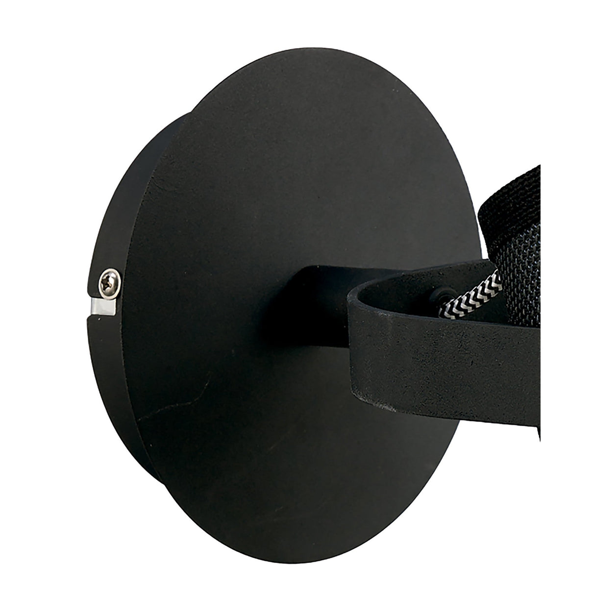 Close-up of the Mantra Nordica spotlight's matt black circular wall plate with braided cable and beech arm detail against a white background.
