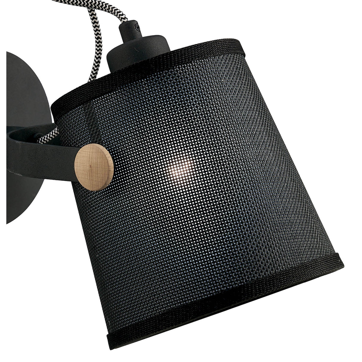 Mantra Nordica single spotlight wall light with matt black mesh cylindrical shade, beech wood pivot detail, and braided black and white cable.