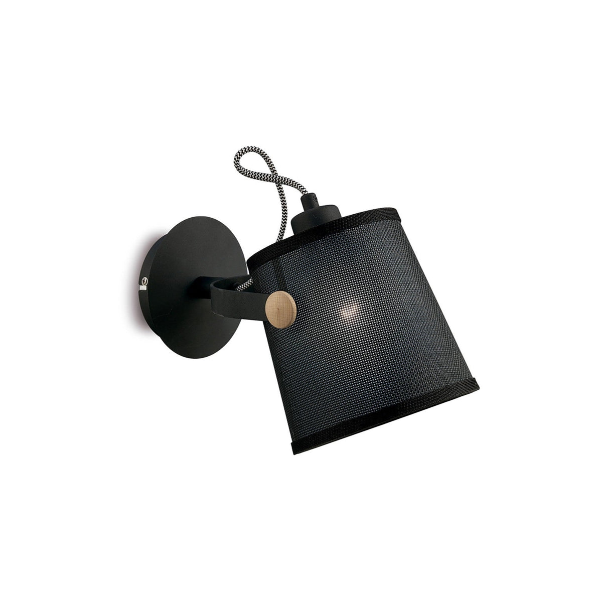 Mantra Nordica 1 Light Single Spotlight in matt black with cylindrical mesh shade, beech wood pivot, braided cable, on a plain white background.