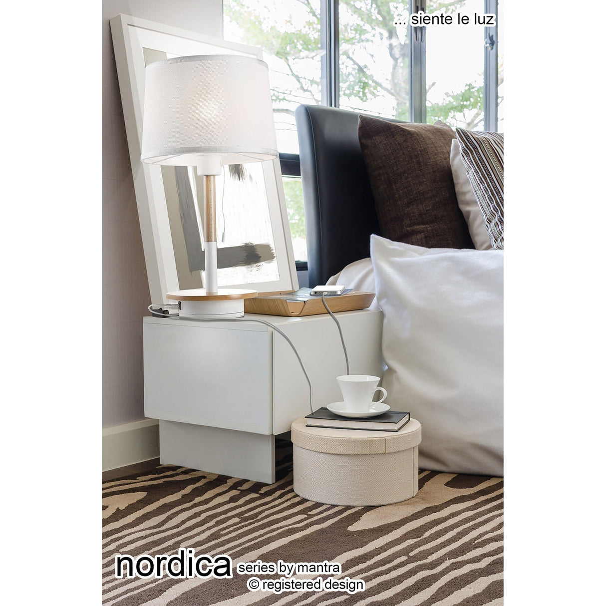 Nordica II Table Lamp With USB Socket - White/Beech With White Shade