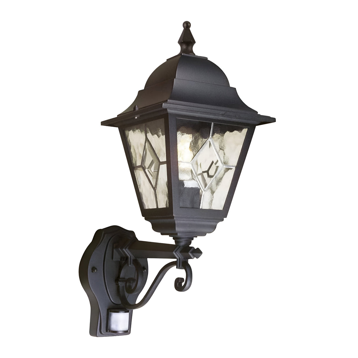 The Norfolk 1 Light Up Outdoor Wall Light with PIR - Black offers an elegant black lantern style with a traditional design. It features a decorative arm and stained glass panels adorned with diamond patterns. Its outdoor durability guarantees lasting beauty, and the built-in PIR motion sensor enhances modern convenience.
