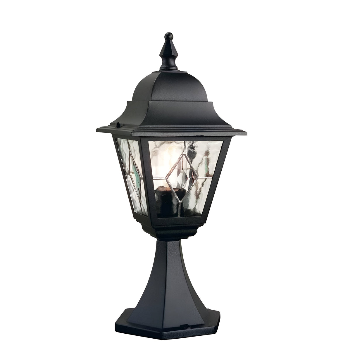 The Norfolk 1 Light Pedestal Light - Black is a vintage-style outdoor lantern with hand-leaded glass, a pointed finial, and a hexagonal base, set against a plain white background.