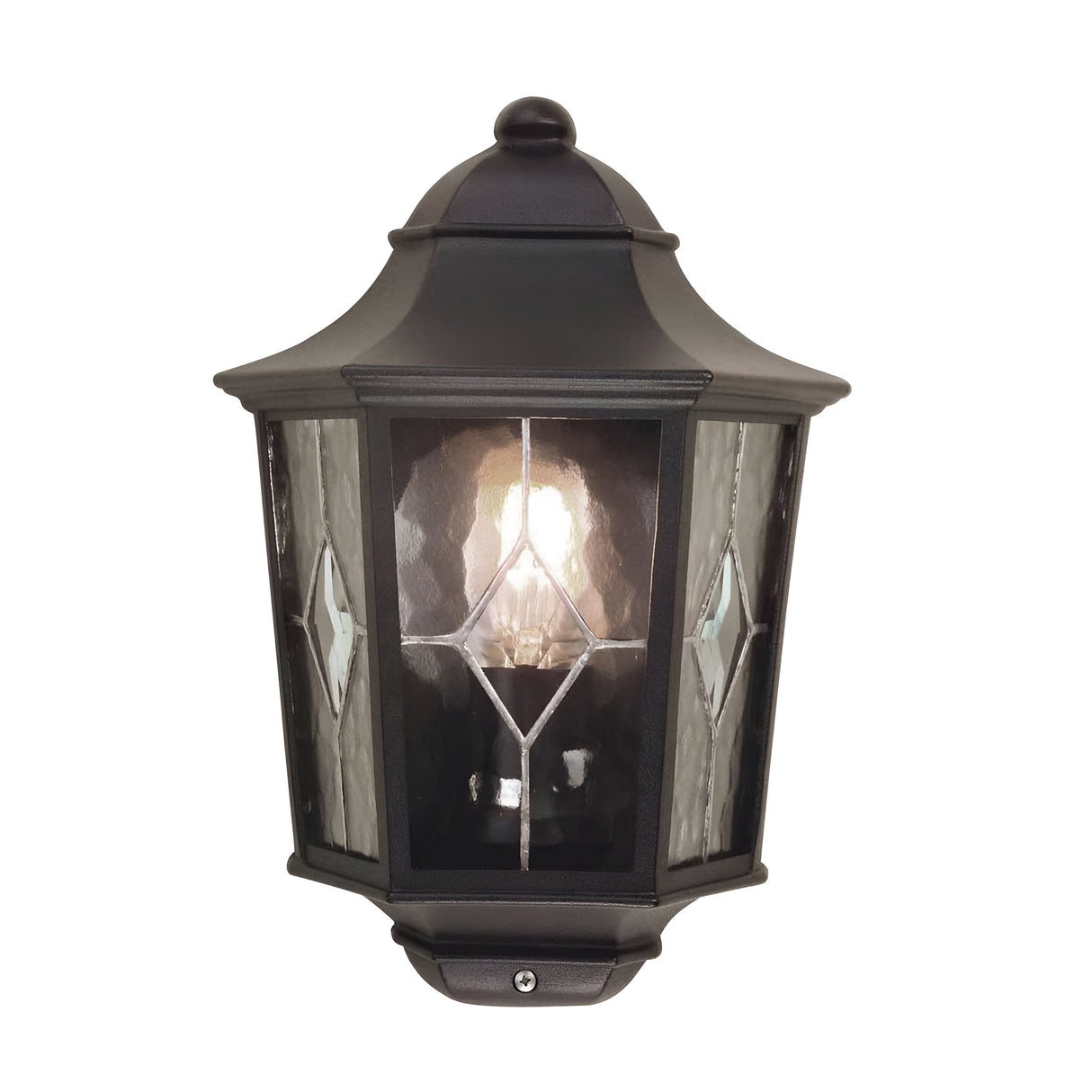 The Norfolk 1 Light Outdoor Wall Light in black showcases a classic design with a glowing bulb, featuring hand-leaded glass panels adorned with elegant diamond-shaped patterns that enhance its timeless charm.