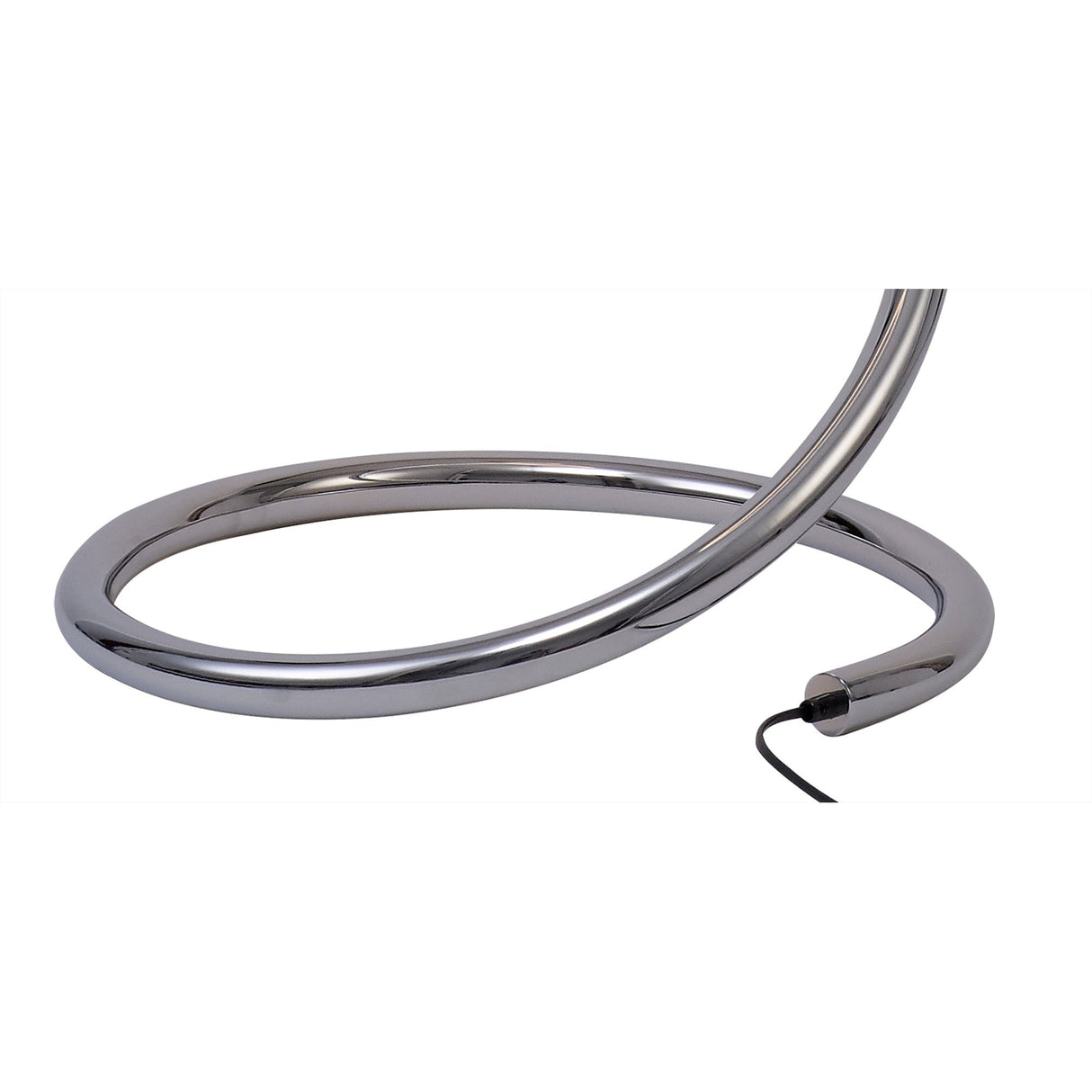 The Nur II Dimmable LED Floor Lamp 20W 3000K in polished chrome features a modern spiral design with a sleek, reflective finish and rests on a white surface—showcasing elegant, contemporary lighting.