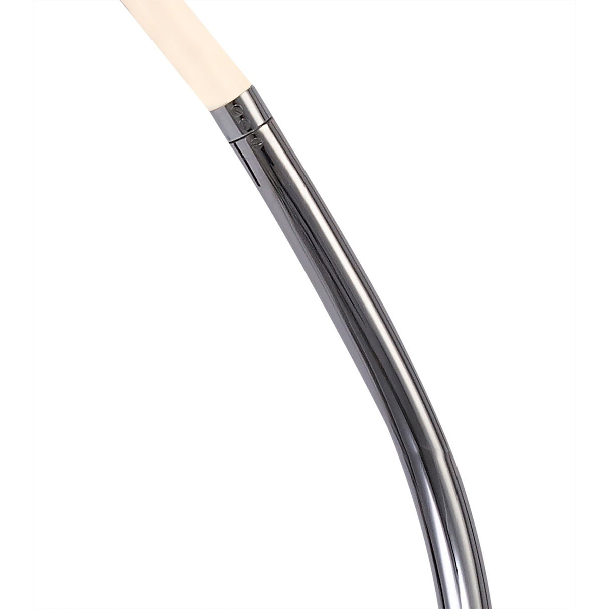 A close-up of the Nur II Dimmable LED Floor Lamp 20W 3000K in polished chrome, featuring a sleek, curved metal bar and cream handle against a white background—ideal for modern lighting design.