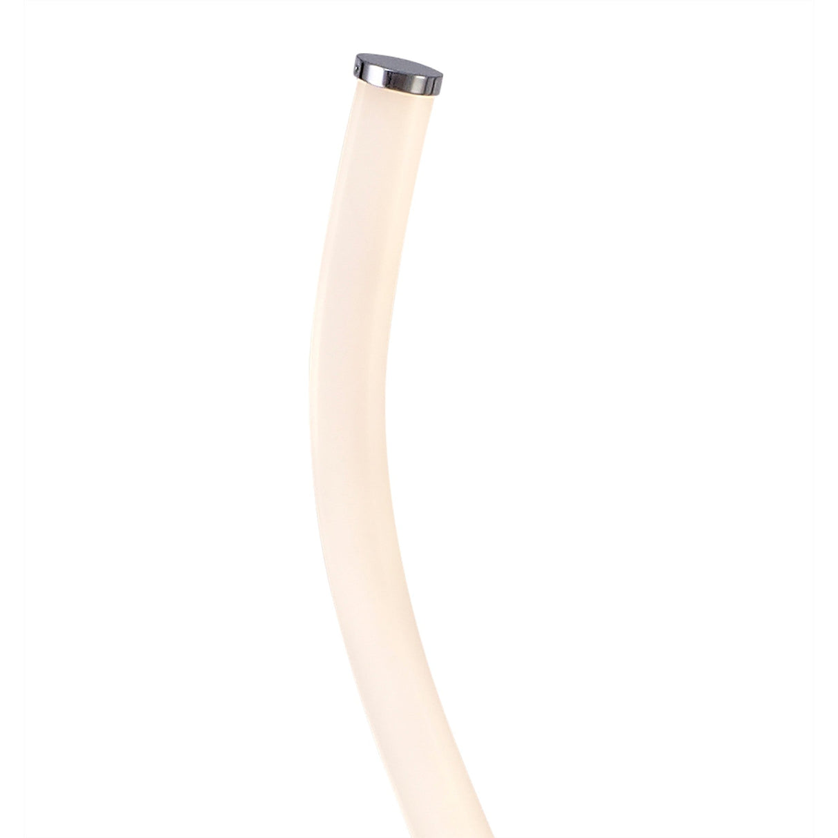 The Nur II Dimmable LED Floor Lamp (20W, 3000K) features a curved, cylindrical design with a soft white glow and polished chrome cap, shown against a plain white background.