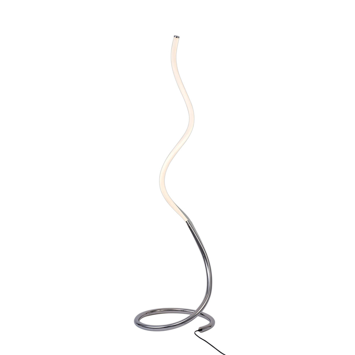 The Nur II Dimmable LED Floor Lamp 20W 3000K features a polished chrome base, elegant spiral design, white LED light strip in a wave shape, and a black power cord extending from the base.