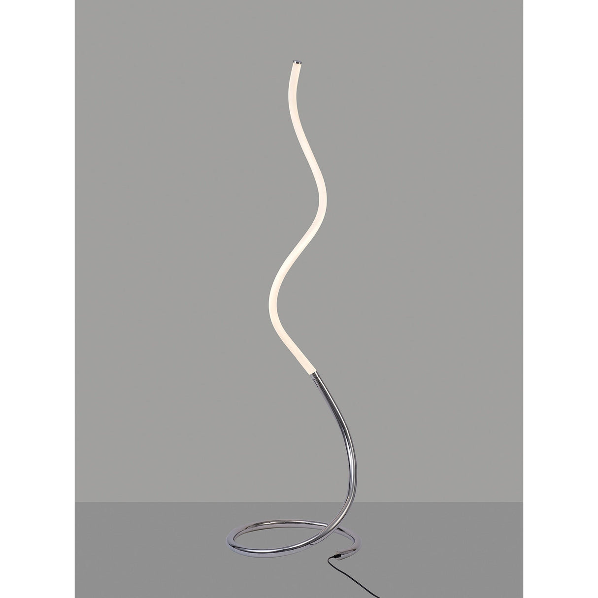 The Nur II Dimmable LED Floor Lamp (20W, 3000K) in polished chrome features a modern abstract curving white light tube rising from a circular base, set against a plain gray background.