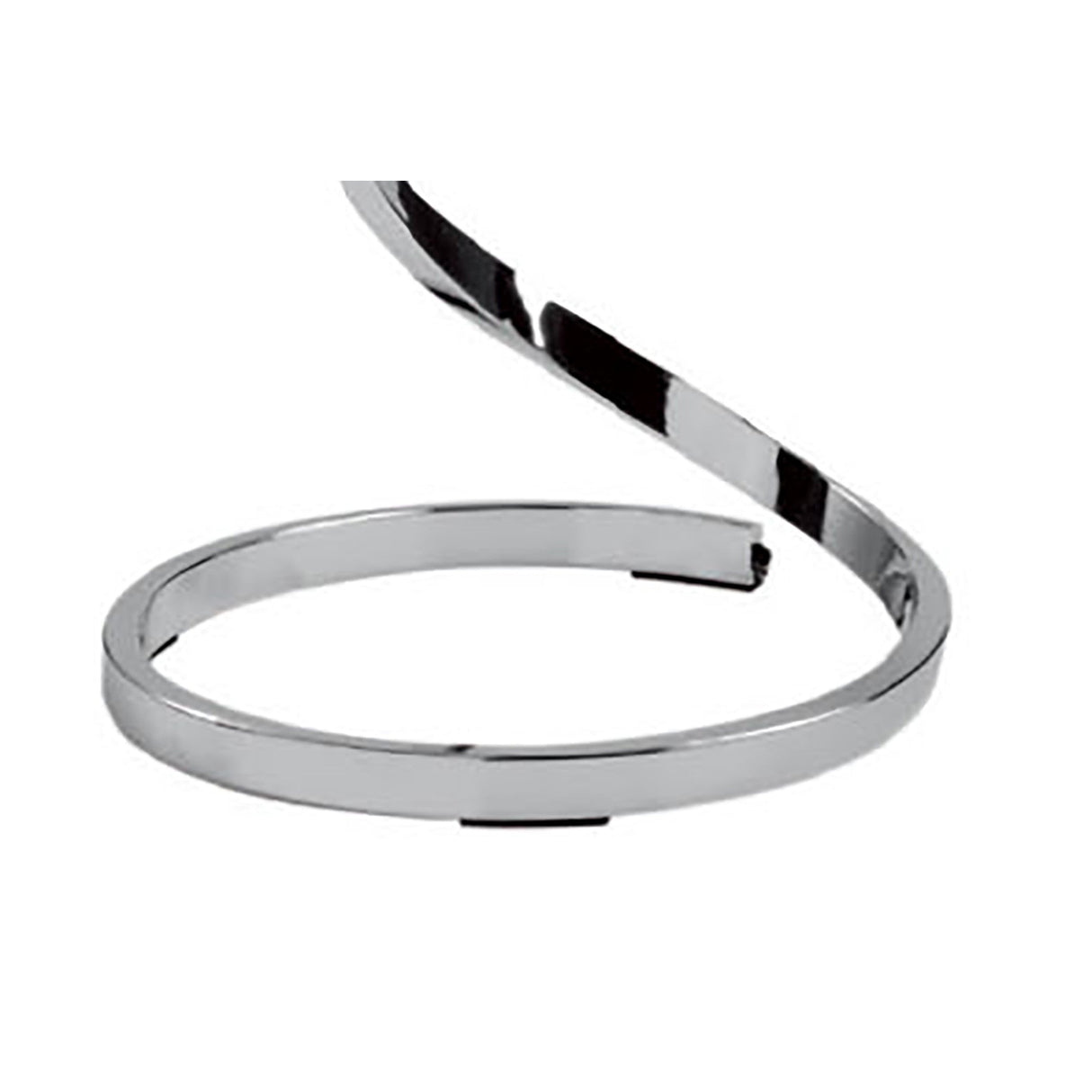 The Nur Dimmable LED Floor Lamp 20W 3000K in Silver & Chrome features a shiny, metallic spiral design with a circular base, providing elegant ambient lighting for any space.