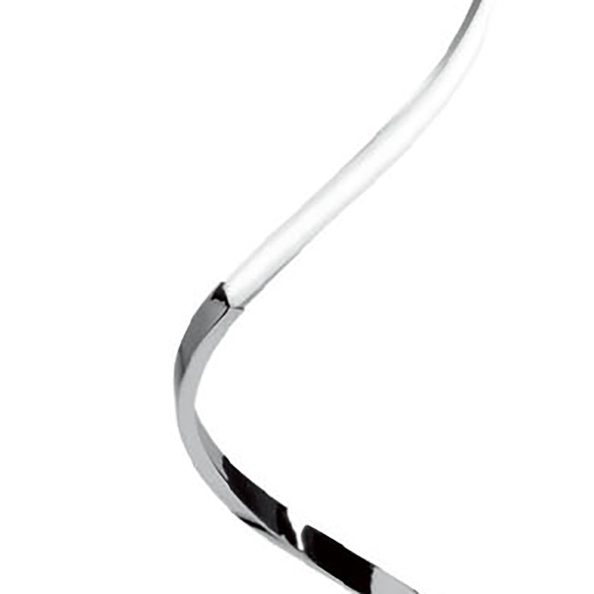 A close-up of the Nur Dimmable LED Floor Lamp 20W 3000K in Silver & Chrome, featuring a shiny, twisting spiral design reminiscent of modern decor, set against a plain white background.