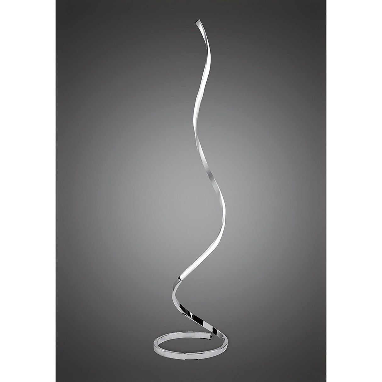 The Nur Dimmable LED Floor Lamp 20W 3000K in Silver & Chrome features a spiral metal design on a circular base, adding modern minimalist style and ambient lighting to any space.