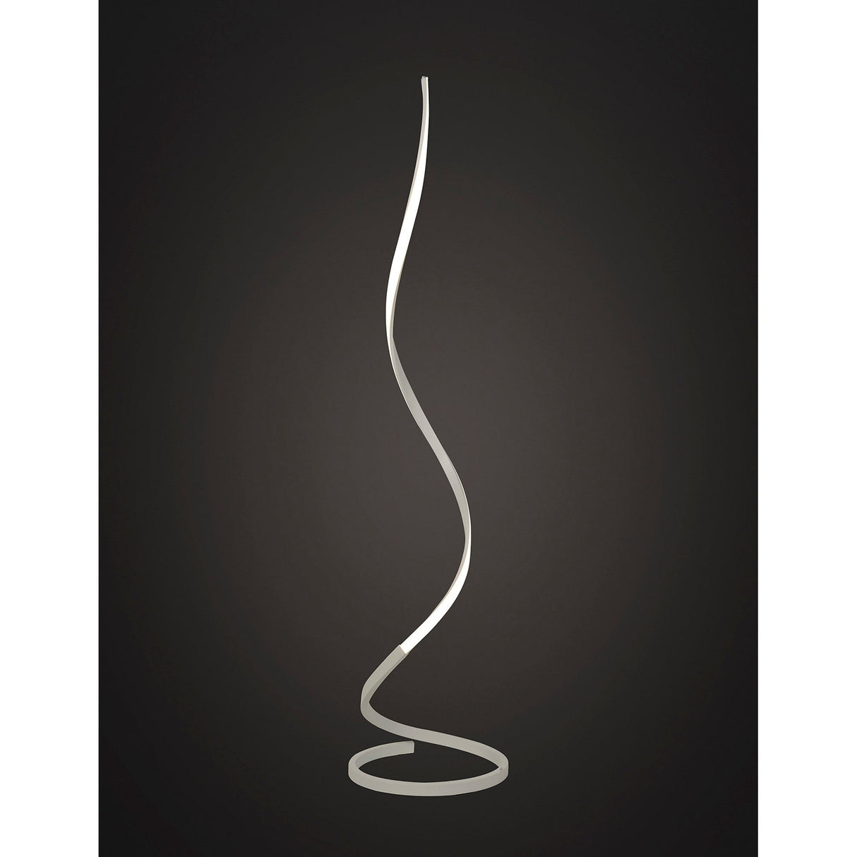 The Nur II Dimmable LED Floor Lamp 22W 4000K in white features a modern, minimalist design with a ribbon-like metal structure and stands on a circular base, offering ambient dimmable lighting.