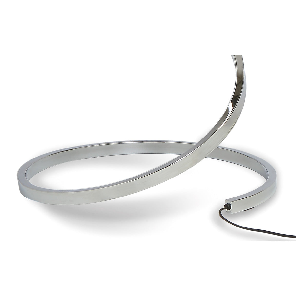 The Nur Blanco XL Dimmable LED Floor Lamp 20W 3000K in polished chrome features a modern spiral design and black power cord, displayed on a white background.