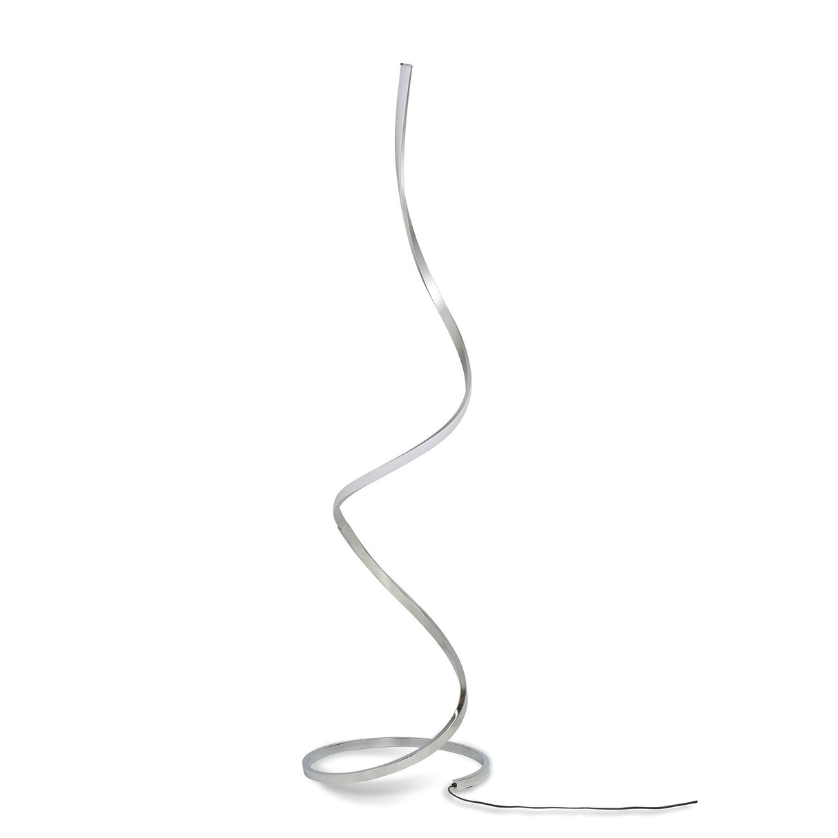 The Nur Blanco XL Dimmable LED Floor Lamp 20W 3000K in polished chrome features a modern spiral metal frame curving from a circular base, with a silver finish and power cord to complete its sleek minimalist design.