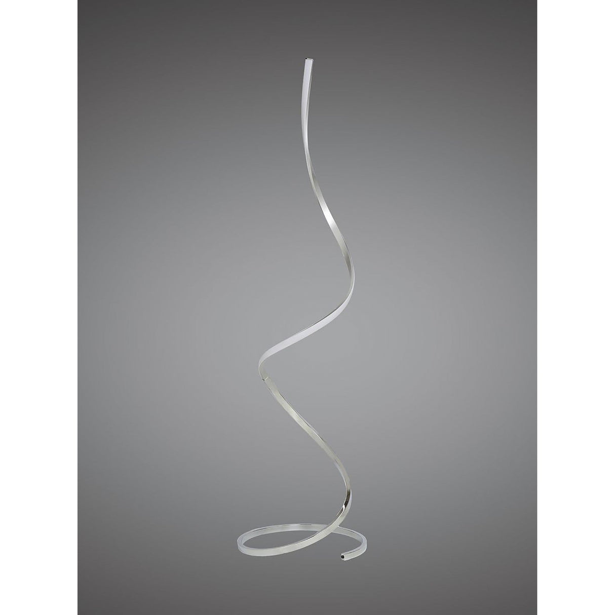 The Nur Blanco XL Dimmable LED Floor Lamp 20W 3000K in chrome features a tall, slender, ribbon-like form spiraling upward from a circular base, creating a modern lighting design that stands out against a plain gray background.