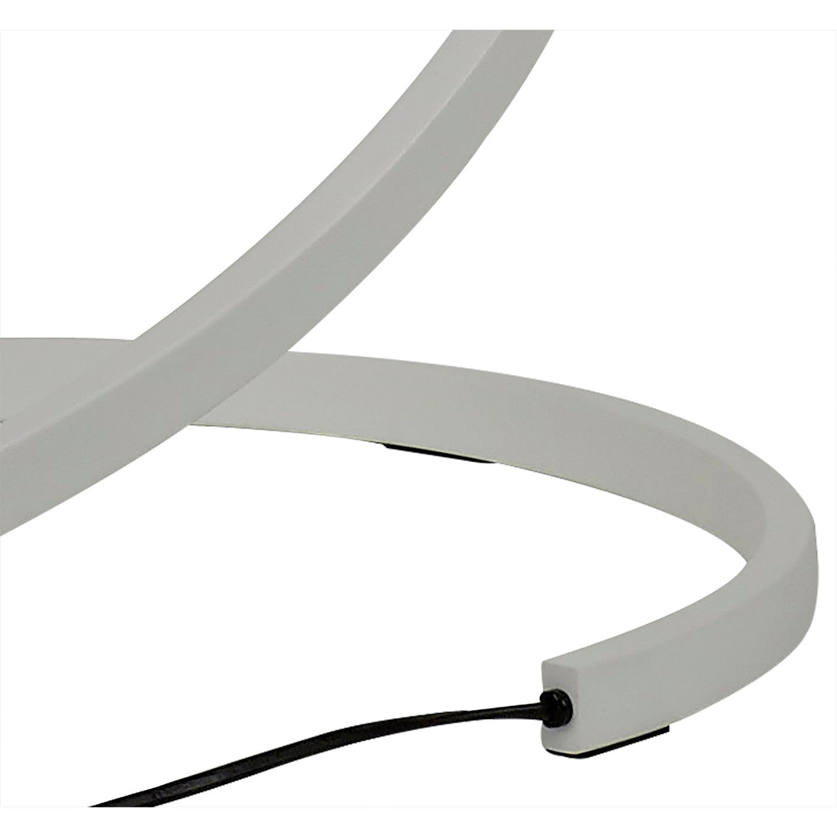 Close-up of the Nur Blanco XL Dimmable LED Floor Lamp (22W, 4000K, White), featuring two curved white metal bands and a black cord. Set against a plain white background, the lamp's minimalist design is prominently highlighted.
