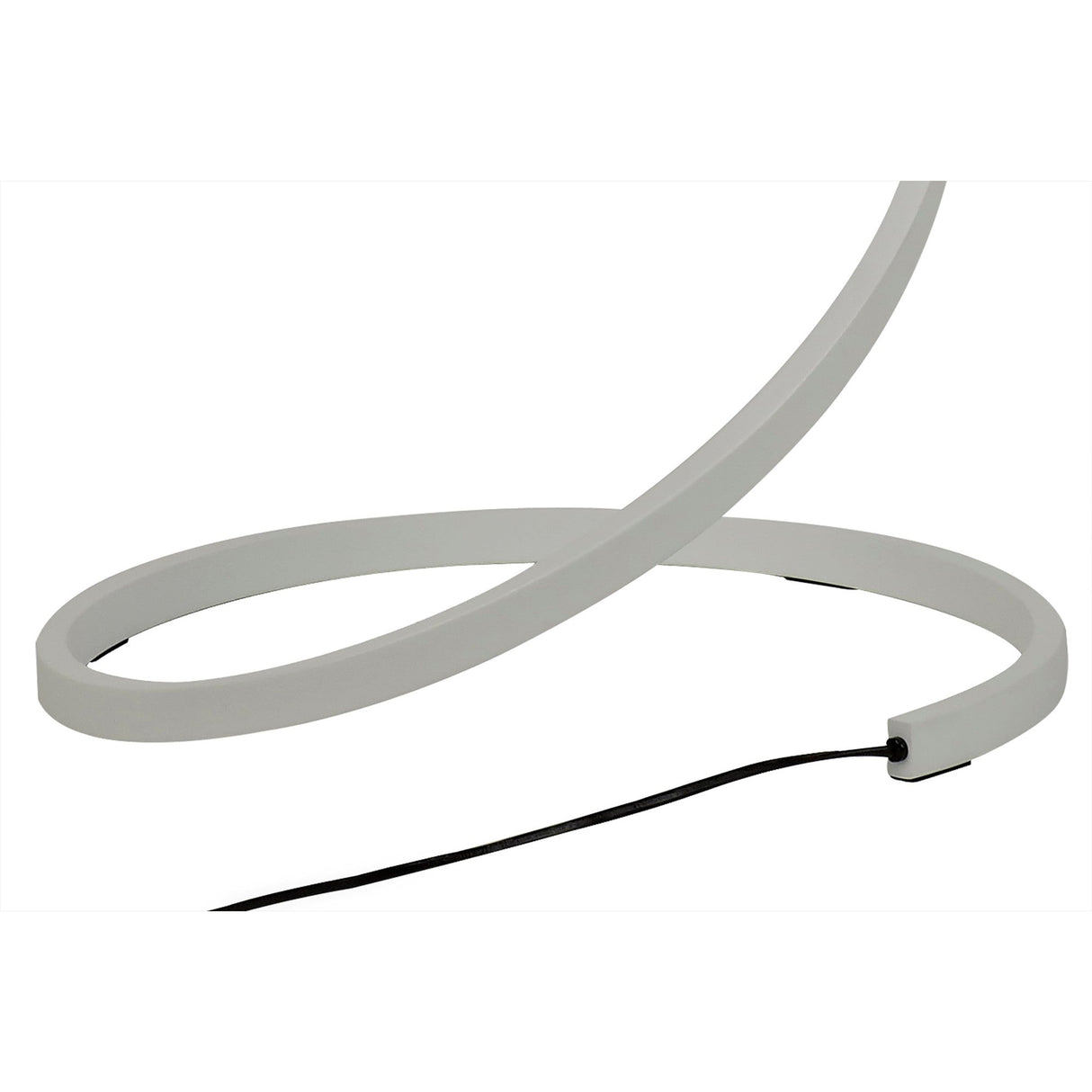 The Nur Blanco XL Dimmable LED Floor Lamp 20W 3000K in white features a sleek, continuous loop design. Partially shown on a white surface, this sculptural lamp includes a black power cord extending from its base.