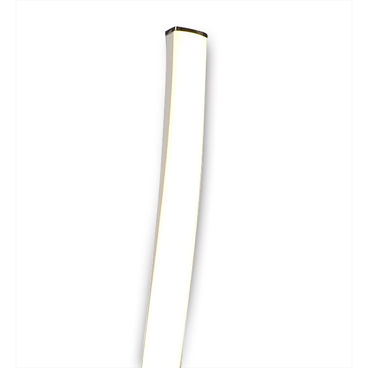 A close-up of a Japanese katana blade with a gentle curve and polished steel, set against the minimalist design of the Nur Blanco XL Dimmable LED Floor Lamp 20W 3000K - White in a modern interior.