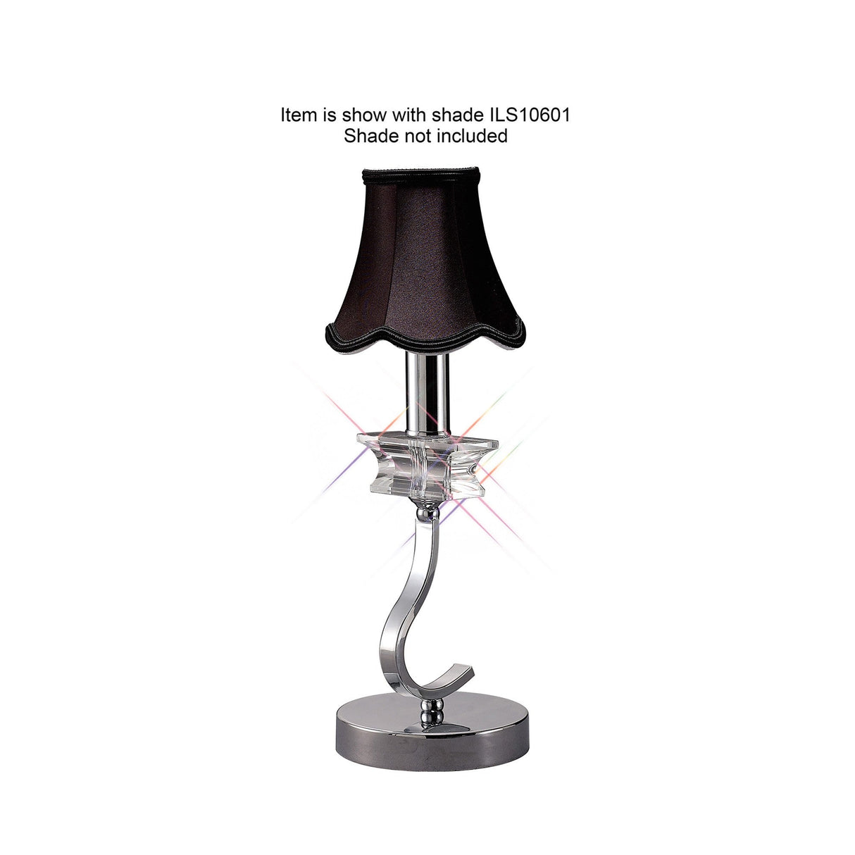 The Nydia 1 Light Crystal Table Lamp features a curved polished chrome base with a clear crystal accent. Dimmable lighting. Shown with black shade (ILS10601), not included.