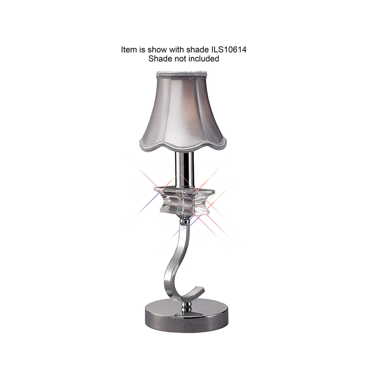 The Nydia 1 Light Crystal Table Lamp features a polished chrome curved metal base and clear glass accent. Shown with a small silver shade (not included). Perfect for dimmable lighting setups.
