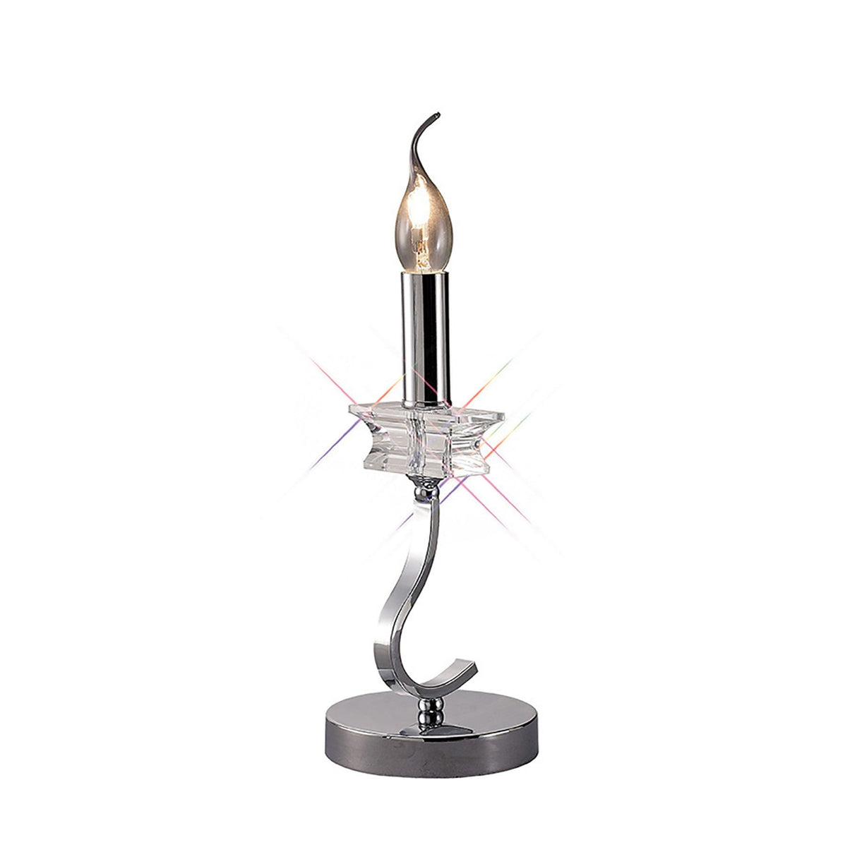 The Nydia 1 Light Crystal Table Lamp features a polished chrome curved base, clear glass accent, and a candle-flame bulb for soft, dimmable lighting.