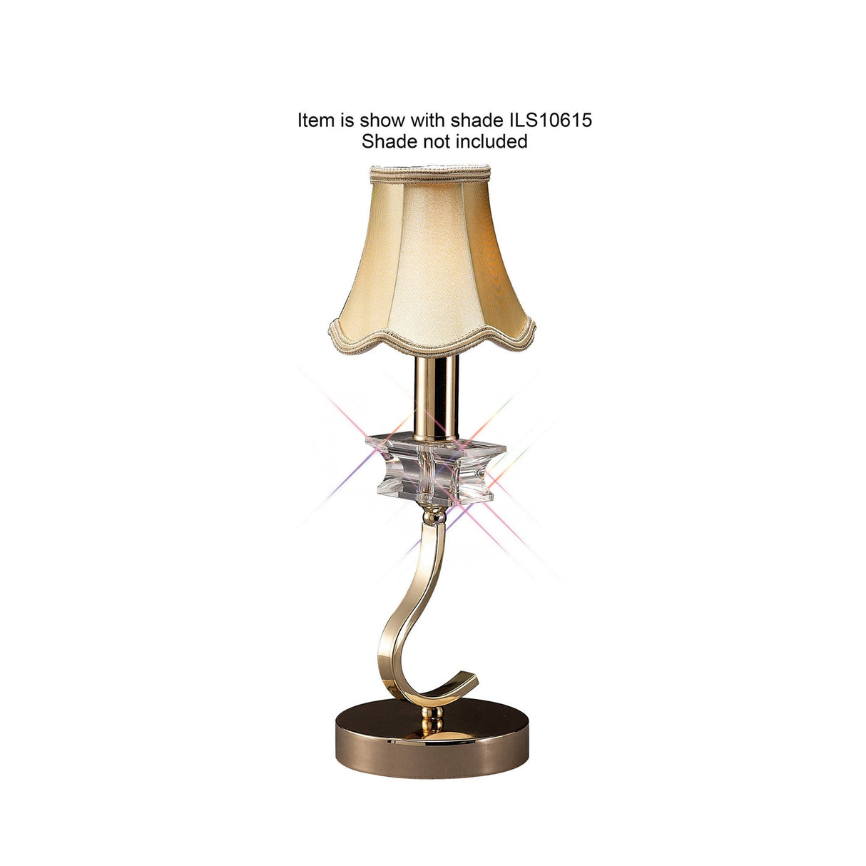 The Nydia 1 Light Crystal Table Lamp in French Gold features a curved base and crystal accent below the bulb. Shown with the ILS10615 beige fabric shade, sold separately as noted above.