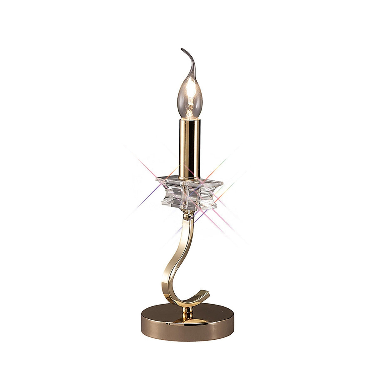 The Nydia 1 Light Crystal Table Lamp in French Gold features a candle-like design with a curved stand, clear star-shaped accent at the bulb’s base, and round base. This elegant dimmable lamp adds a decorative touch to any room.