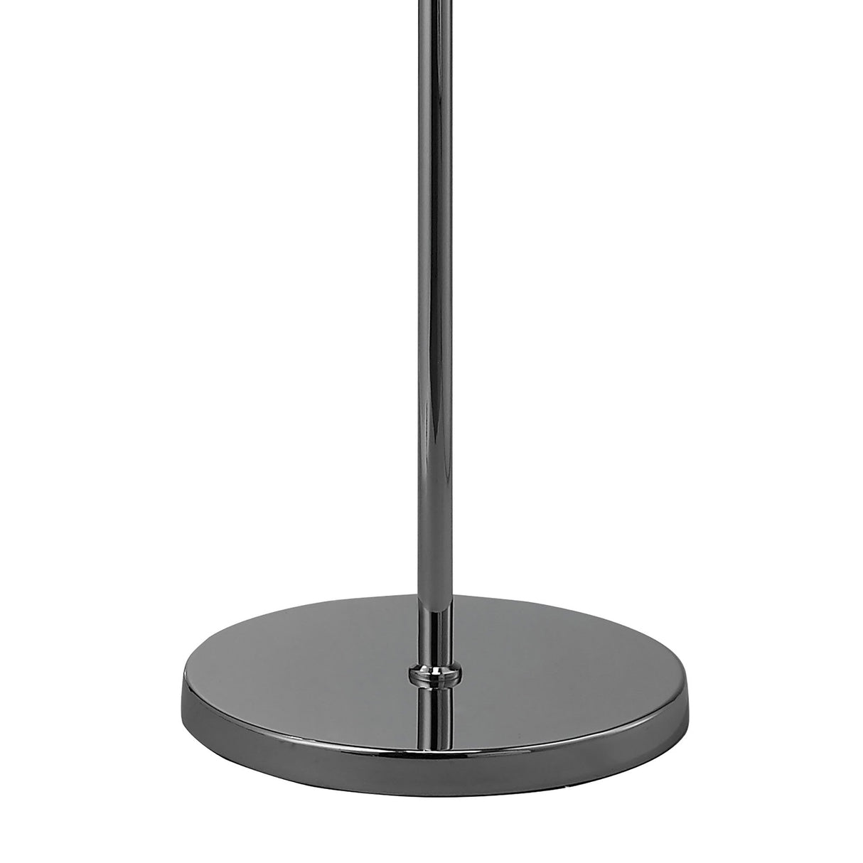 A close-up of the O2 1 Light Floor Lamp’s shiny, round, polished chrome base with a vertical pole extending upward—an elegant feature designed for modern interiors.