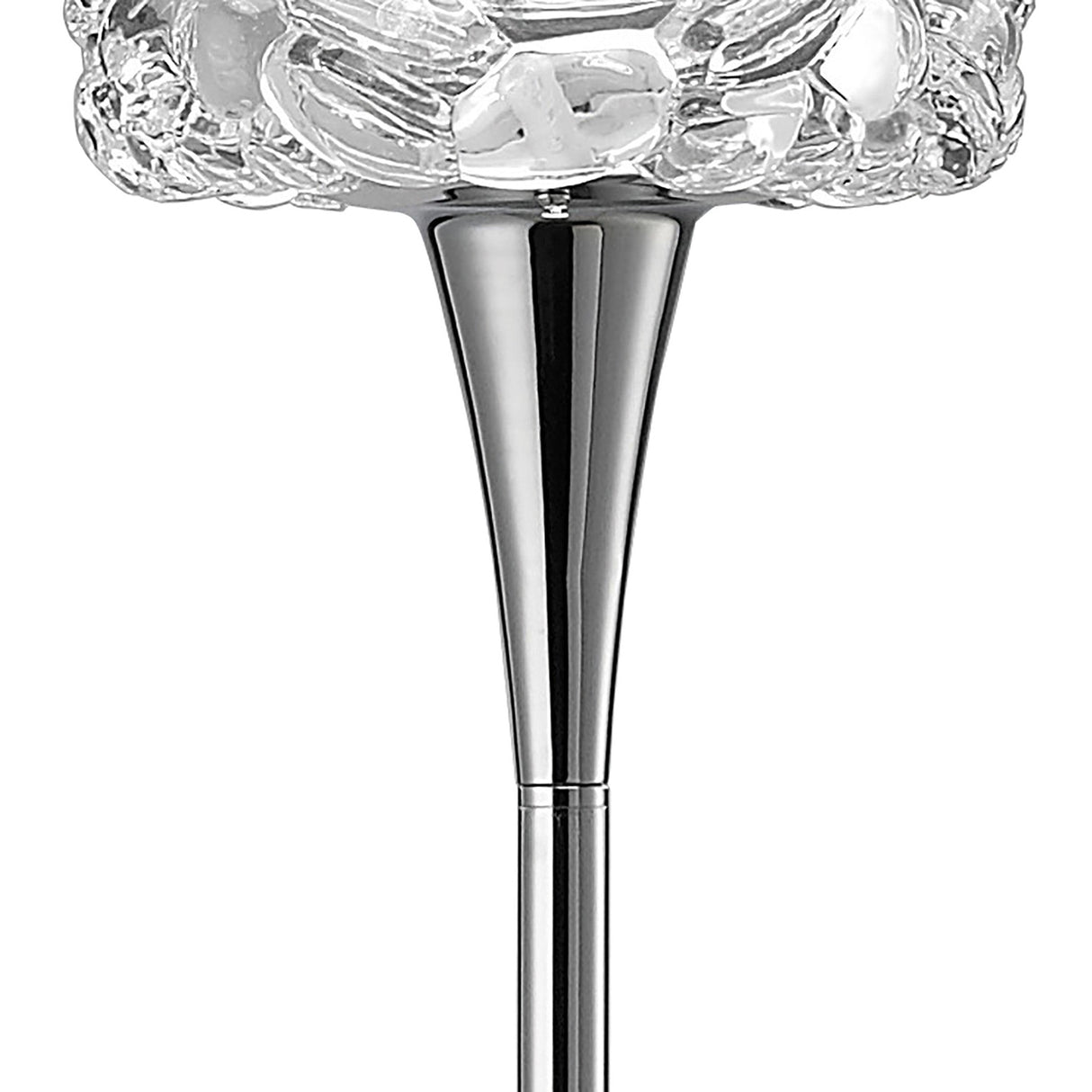 Close-up of the O2 1 Light Floor Lamp in polished chrome, featuring a textured clear glass lampshade with a bubble pattern—ideal for modern interiors.