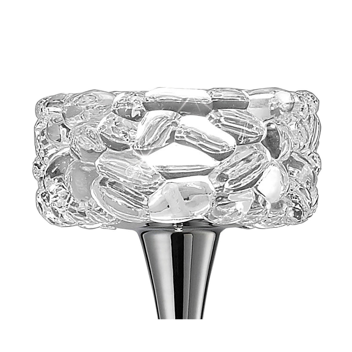 A close-up of the O2 1 Light Floor Lamp in polished chrome shows its glass holder with a textured, ice-like pattern—an elegant choice to enhance modern interiors against a white backdrop.