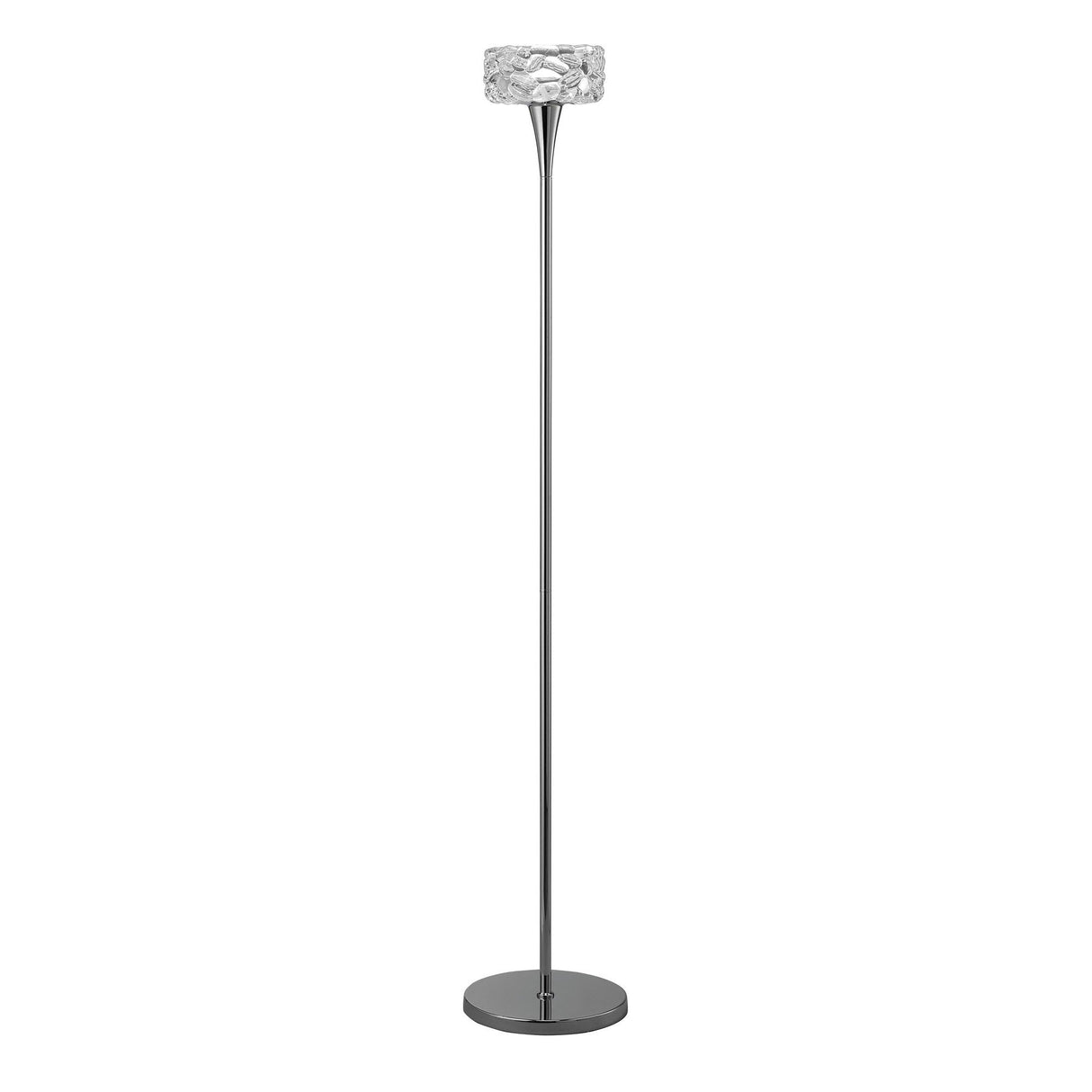 The O2 1 Light Floor Lamp features a slim, polished chrome stand and a round, textured glass shade on a circular base—ideal for stylish modern interiors.