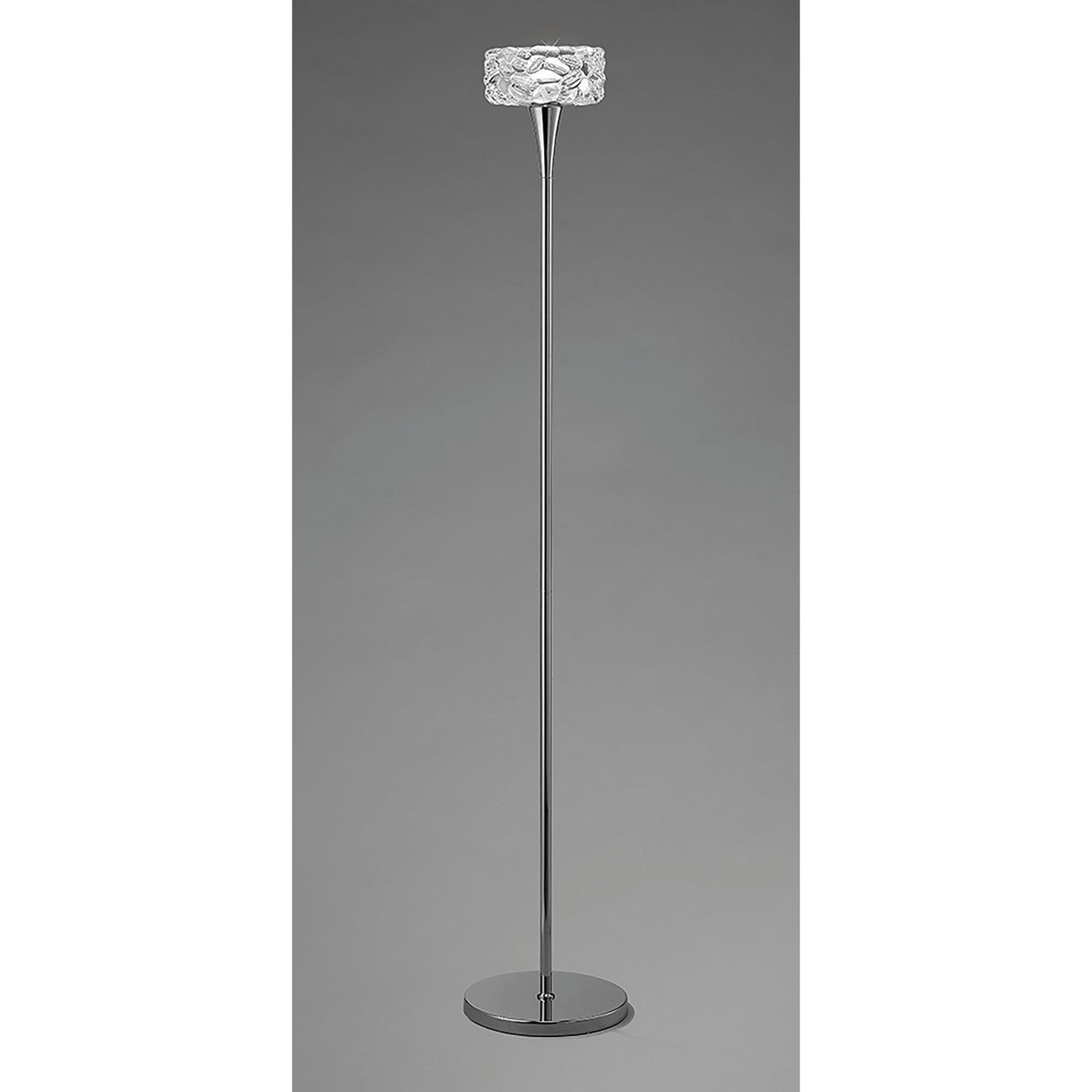 The O2 1 Light Floor Lamp features a slim polished chrome stand, round base, and a textured clear glass shade—ideal for elevating modern interiors against a plain gray backdrop.
