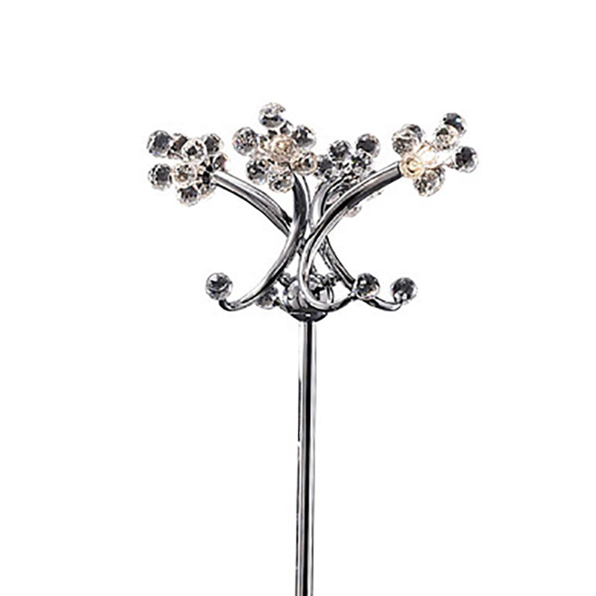 The Octavia 4 Light Crystal Floor Lamp in polished chrome features four flower-shaped clusters with crystal-like bulbs, creating stunning ambient lighting and a modern accent for any contemporary space.