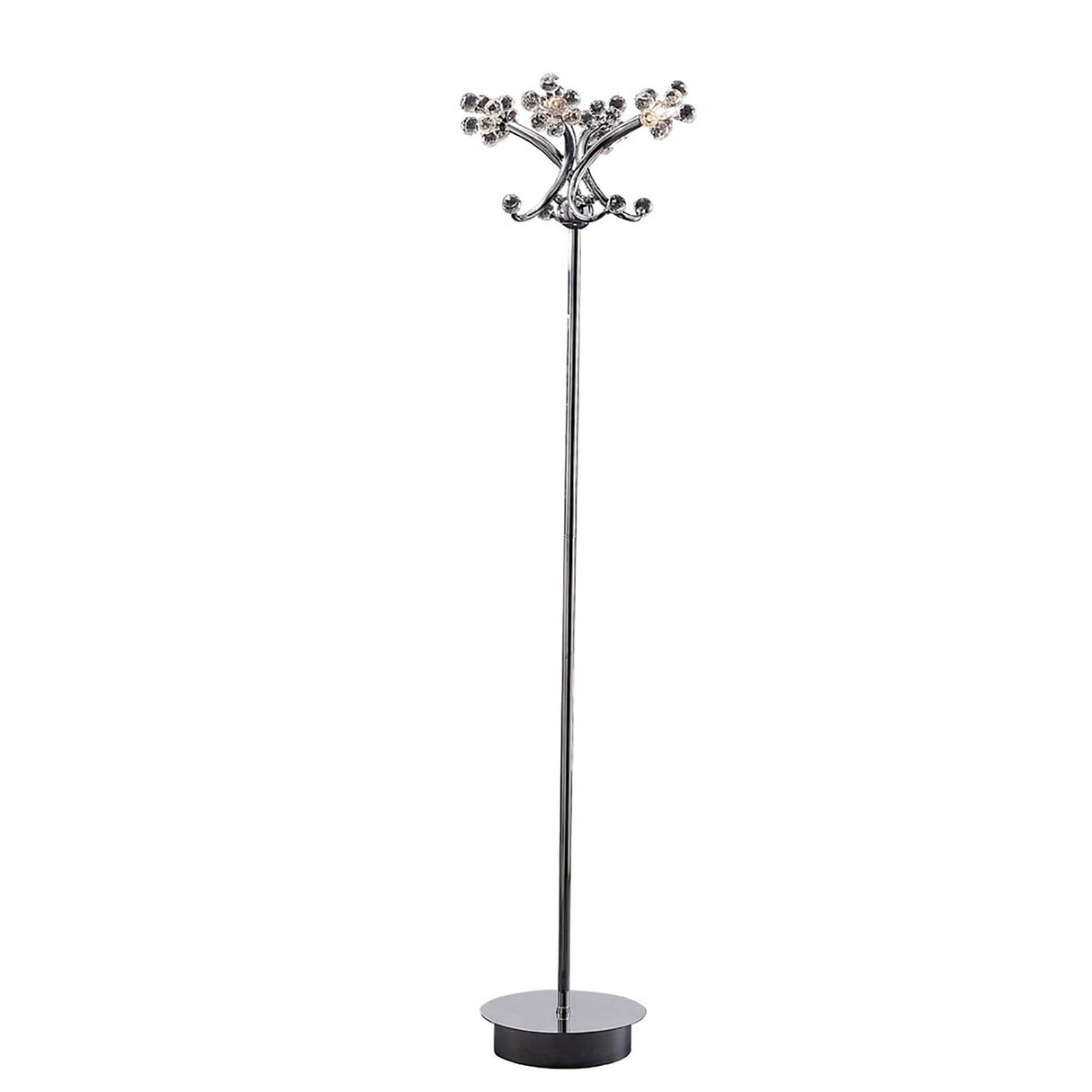 The Octavia 4 Light Crystal Floor Lamp in polished chrome features a tall, slim stand with curved branches ending in crystal lights, offering elegant ambient lighting and a modern, decorative tree-inspired design.