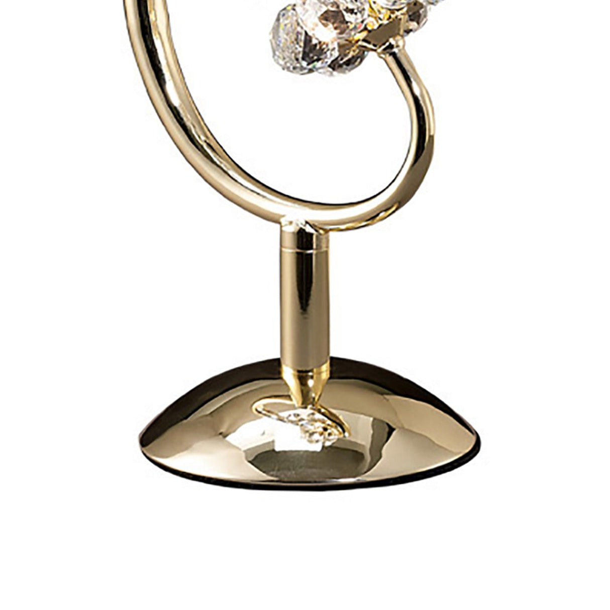 The Octavia 2 Light Crystal Table Lamp in French Gold features a curved metal stand, circular base, and decorative crystal accents—an elegant choice for adding ambient lighting to any space.