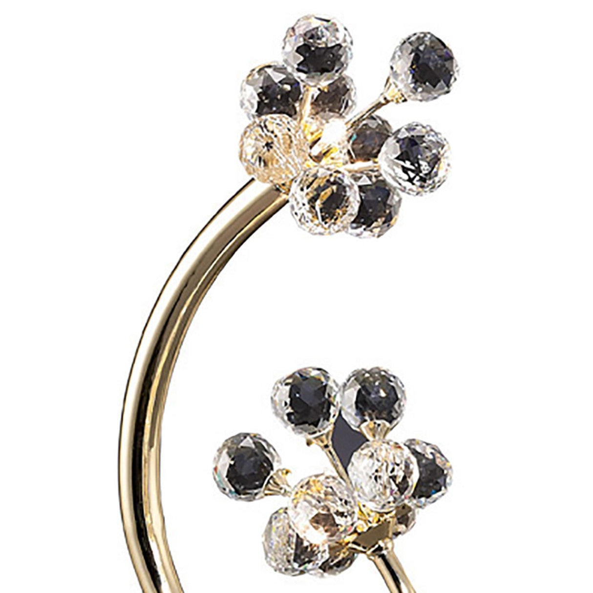 Close-up of the Octavia 2 Light Crystal Table Lamp in French Gold, featuring two curved gold stems adorned with clusters of clear faceted crystal spheres that evoke abstract flowers—ideal for sophisticated decorative lighting.