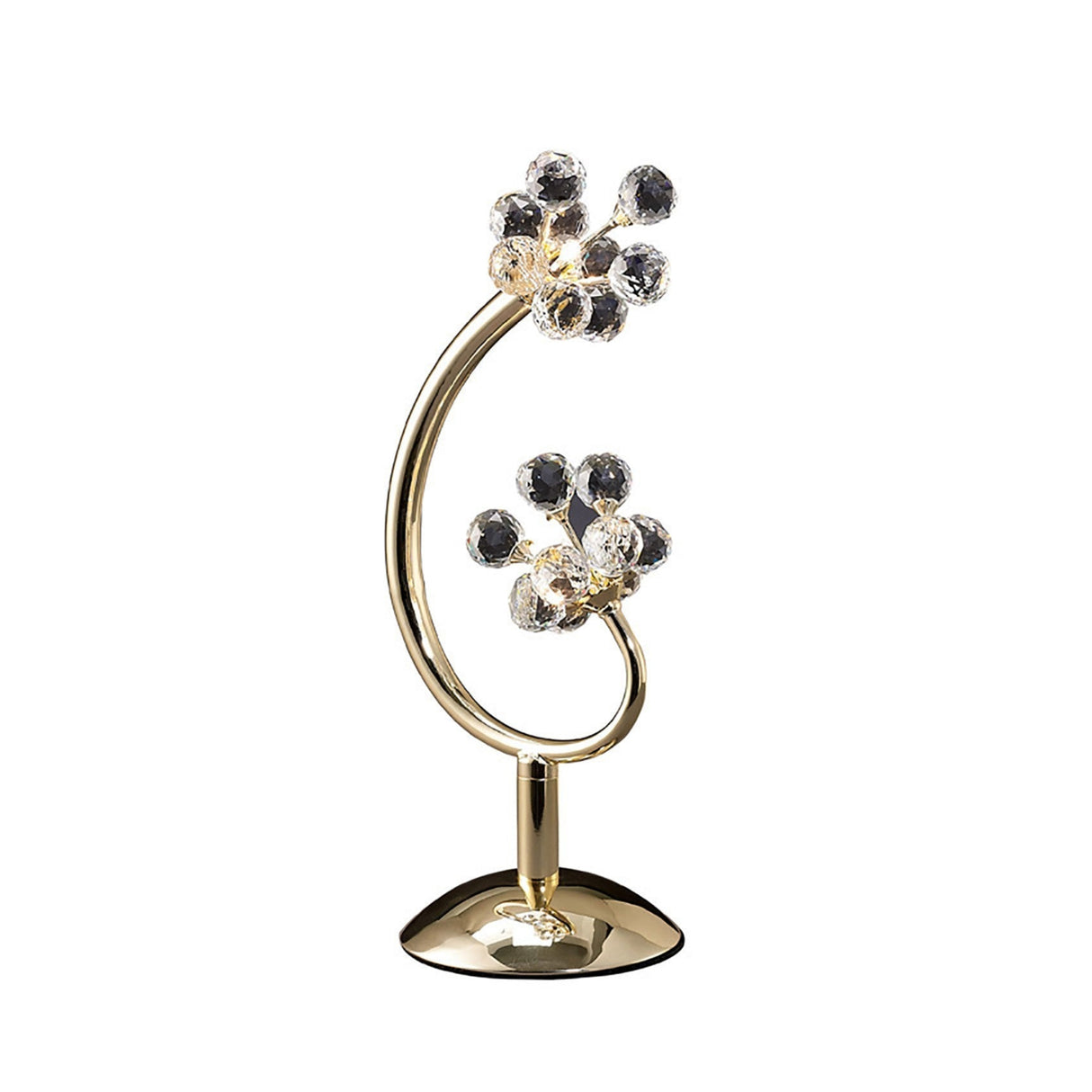 The Octavia 2 Light Crystal Table Lamp in French Gold features a curved stem, two flower-inspired crystal lights, and a glossy gold base, providing decorative ambient lighting against a white background.
