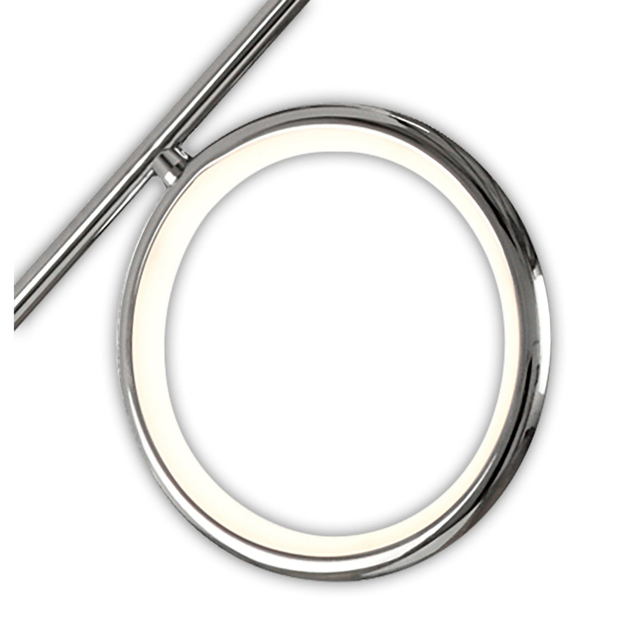 Close-up of the Olimpia LED Floor Lamp 12W 3000K in chrome, featuring a circular modern design with a polished frame. The soft LED glow radiates along the inner ring, highlighting contemporary style against a white background.